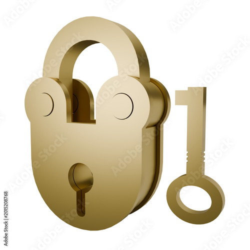 3d object yellow metal lock and key illustration	