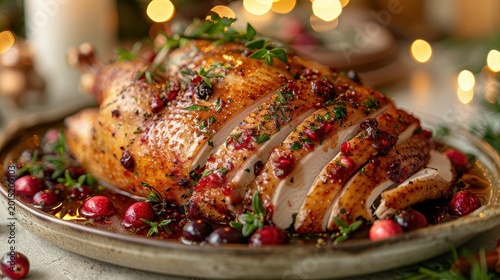 Glazed roasted turkey breast sliced on a rustic platter with cranberries and herbs in a warm macro shot for festive holiday catering marketing