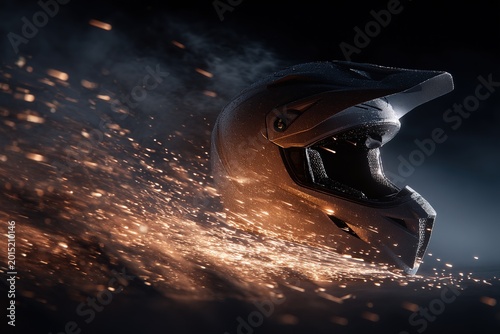 Off road motorcycle helmet with flying sparks and motion blur in dark scene