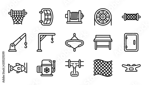 Bild auf Leinwand Fishing Gear Icons, Marine Equipment Vector Set, Nautical Tools Collection, Ocea