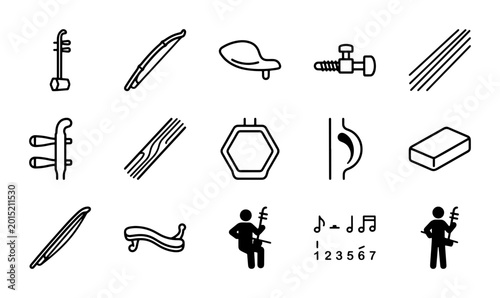 Bild auf Leinwand Erhu Instrument Icons, Chinese Music Symbols, Traditional Stringed Instruments,