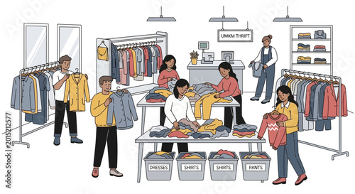 Fotografi Volunteers sorting clothes and assisting customers in a busy thrift store