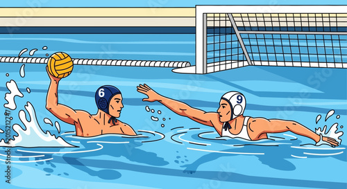 Fotografía Water Polo Players Competing in Pool with Goal