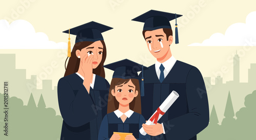 Sad Graduation Family Portrait: Parents Crying, Daughter Upset with Diploma