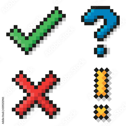 Pixel art, check mark, question mark, exclamation mark and cross. Check mark and cross sign. Isolated vector illustration
