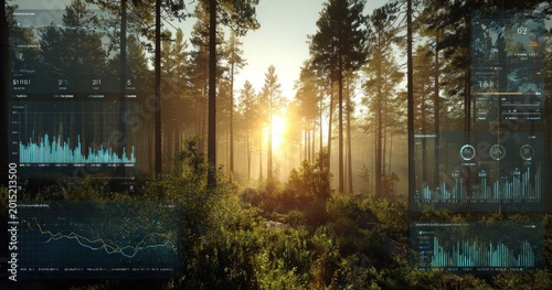 Sunlight streams through trees in a lush forest with digital interface overlays