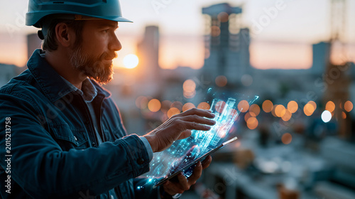 Architect on rooftop construction site at sunrise holding holographic plans with city skyline in cinematic urban setting