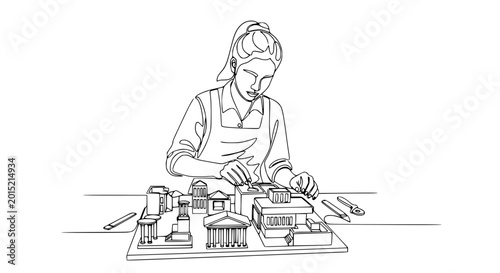 Foto Architectural Model Building: Woman Creating Miniature Cityscape with Buildings