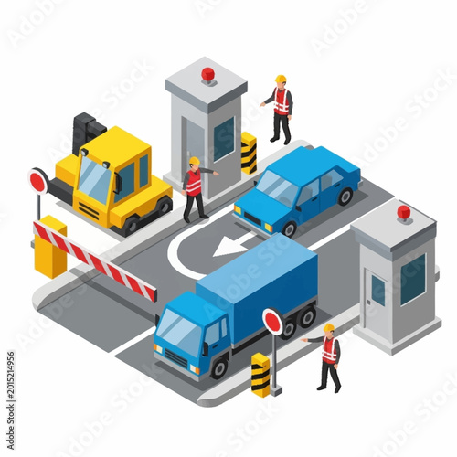 Isometric view of a busy toll booth with vehicles and workers.