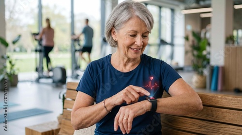 Senior person using smartwatch for heart rate monitoring in modern wellness concept. 