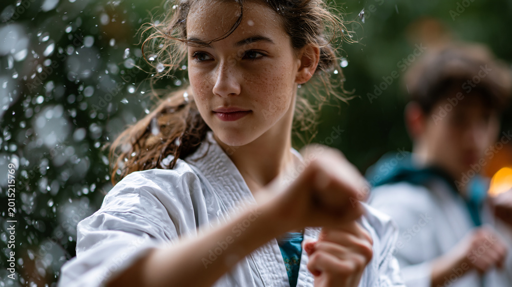 Obraz premium Teenagers practicing karate outdoors in heavy rain with intense concentration, dynamic movement and action as water droplets fly during training