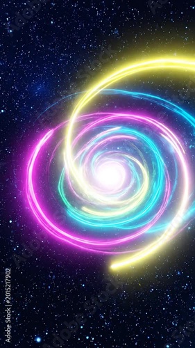 Abstract neon spirals against black space background digital art design