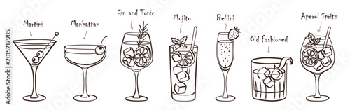 Fotografie Elegant classic cocktails set - hand drawn line art vector illustrations isolate