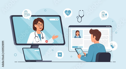 Bild auf Leinwand Telemedicine Consultation: Doctor and Patient Connect Online via Video Call