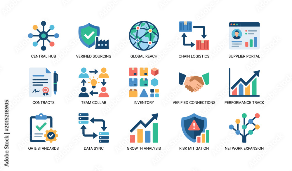 Fototapeta premium Supply chain and sourcing icons illustrating business network concepts