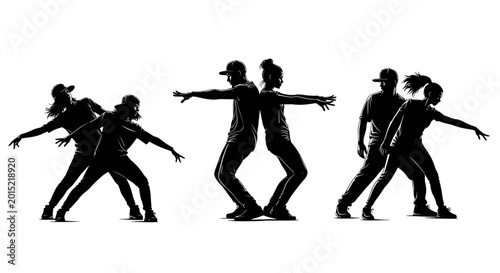Bilde på lerret Hip Hop Street Dancers Silhouette Set, Vector Illustration of Young People Dancing Breakdance and Modern Dance Isolated on White Background