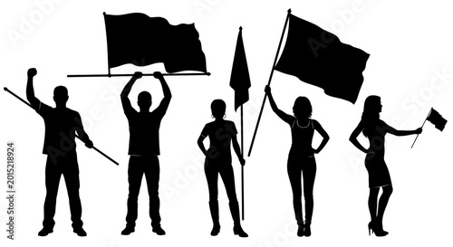 Photos People Holding Flags Silhouette Set, Vector Illustration of Protesters, Supporters, or Activists Group Isolated on White Background