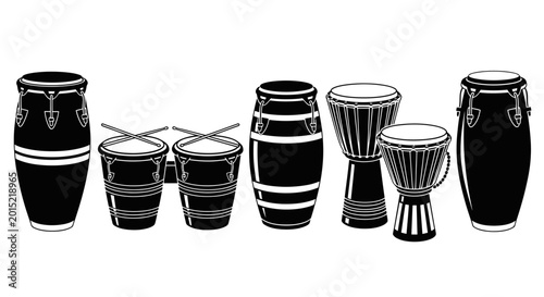 Fotografie Vector illustration of percussion musical instruments set, conga, djembe and bon