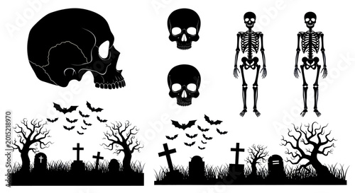 Tableau sur toile Vector illustration of Halloween elements set with skull, skeleton, bats and spo