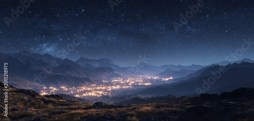 Night landscape with city lights nestled in a valley under a starry sky