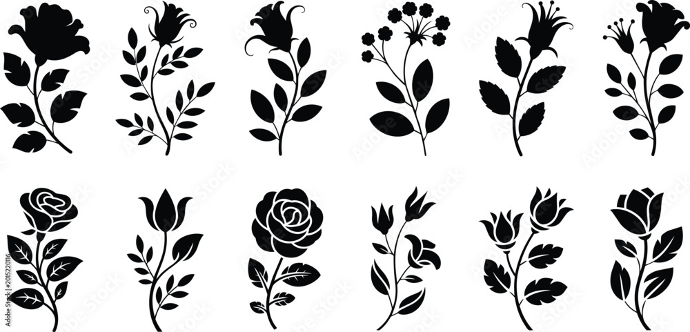 Fototapeta premium Floral silhouettes collection, curves and intricate petal details, including roses, leaves, vector style art.