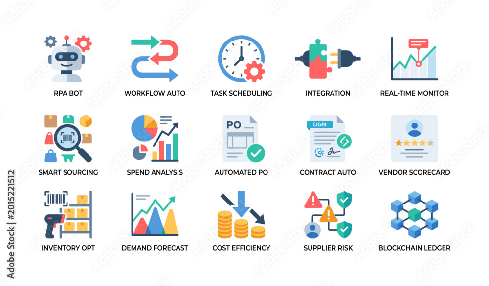 Fototapeta premium Automation and analytics icons showing procurement technology features