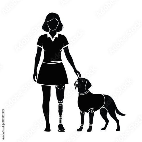 Woman and dog with prosthetic legs silhouette. Animal care and disability inclusion concept. Vector illustration isolated on transparent background