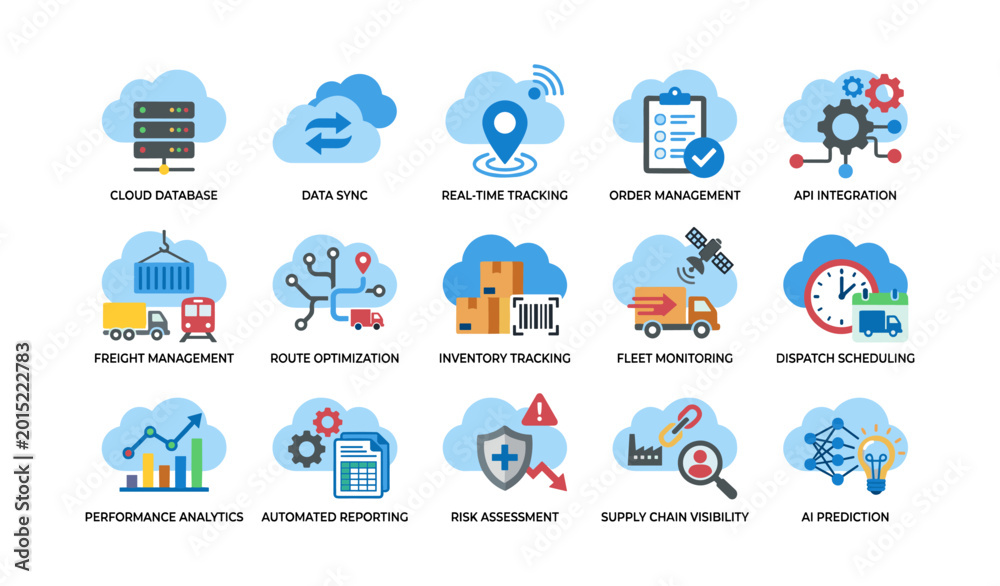 Fototapeta premium Supply chain icons displaying cloud logistics features on white