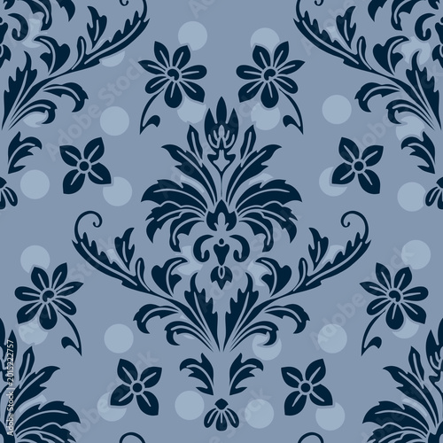 Elegant Navy Blue and Slate Victorian Damask Seamless Pattern with Floral Ornaments and Vintage Scroll Elements for Textile Wallpaper and Home Decor Background
