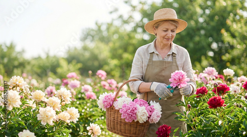 Gardener cutting peony flowers - Elderly woman gathering peonies while smiling in flower garden  