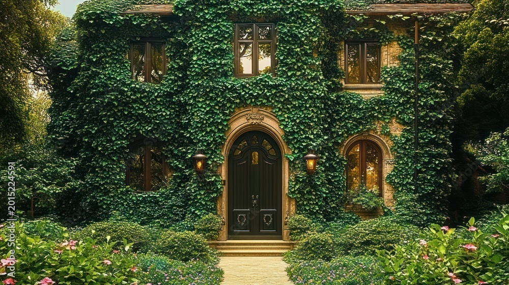 Fototapeta premium Enchanted ivy-covered two-story stone house with arched double door, glowing lanterns and lush flowering garden path, cozy serene evening atmosphere
