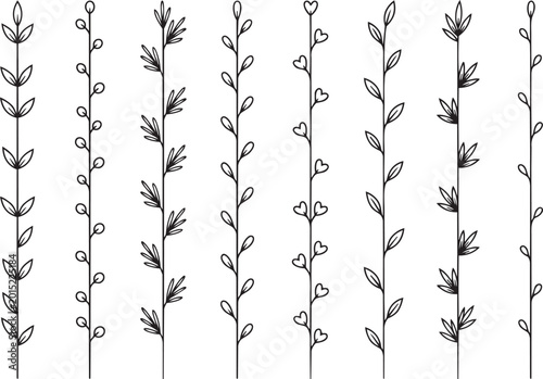 Botanical divider lines  collection, few basic leaves,  different leaves and flowers, vector style art.
