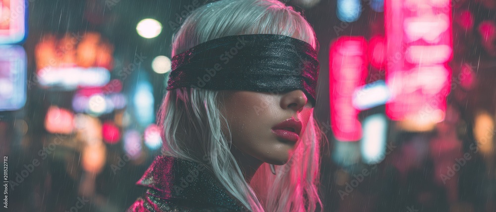 Fototapeta premium Woman with blindfold against blurred city lights for conceptual imagery
