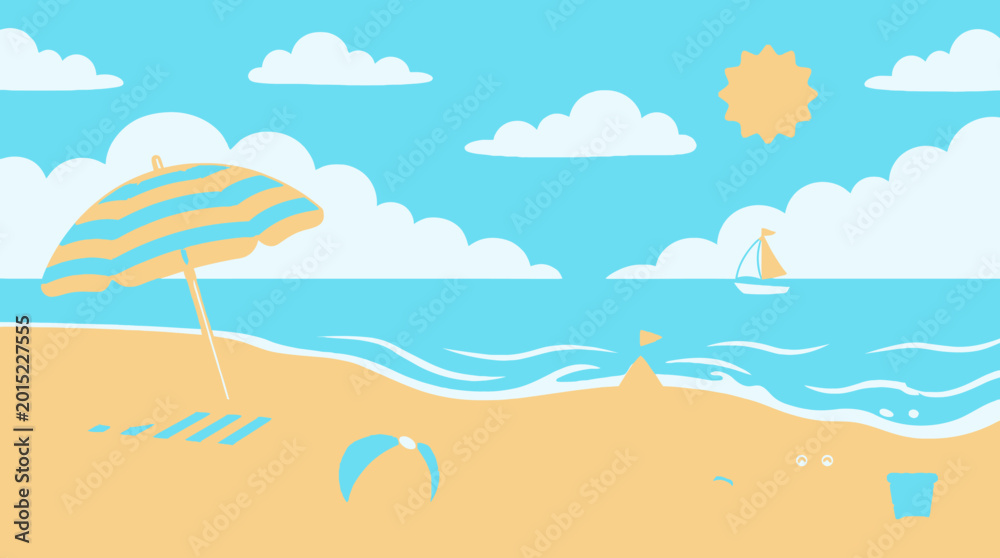 Fototapeta premium beach scene with striped umbrella and ocean view vector illustration