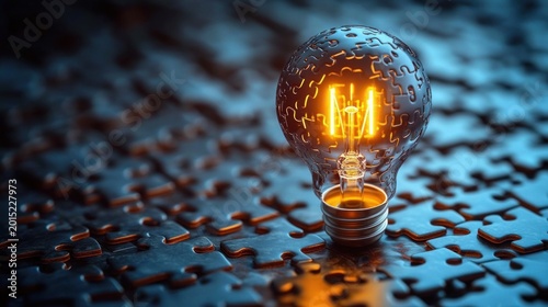 glowing filament light bulb resting on reflective metallic jigsaw puzzle pieces, warm orange illumination against cool blue background, evoking inspiration and discovery