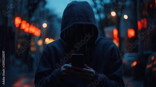 A hooded figure standing in a rainy dark city street at night, face hidden while holding a smartphone under neon bokeh lights, evoking mystery, isolation and tension