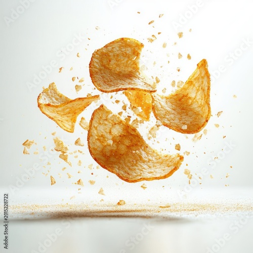 crispy potato chips suspended midair with flying crumbs and broken pieces on bright white background, dynamic crunchy burst conveying energy and appetite
