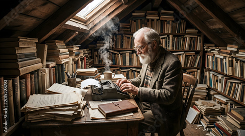 Elderly male author with white beard writing on a vintage typewriter in a cozy attic library surrounded by stacks of books.
