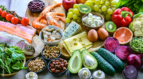 Food products representing the pescetarian diet