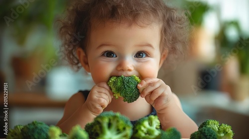 Curly-haired toddler peeking over a table of broccoli, small hands holding a floret, curious and playful in a sunlit home kitchen
