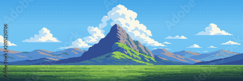 Bild auf Leinwand Pixel art mountain landscape with green field and blue sky