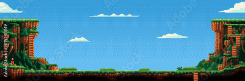 Quadro su tela Pixel art landscape background with retro game cliffs and sky