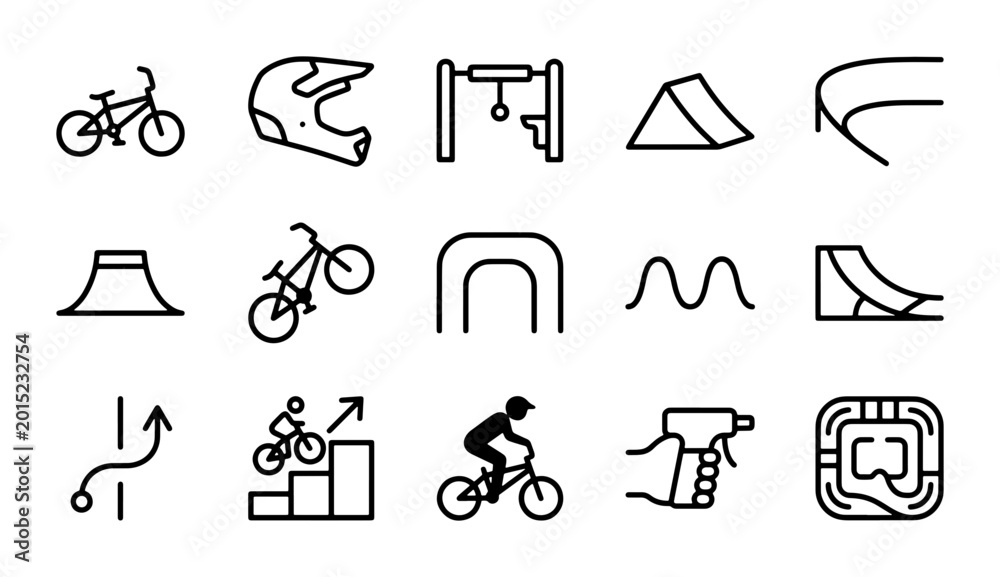Fototapeta premium BMX Bike Icons Set, Extreme Sports Vector Graphics, Bicycle Gear & Park Elements