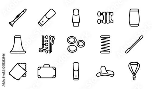 Schilderij op canvas Clarinet Parts Icons, Musical Instrument Components, Woodwind Accessories Set, V