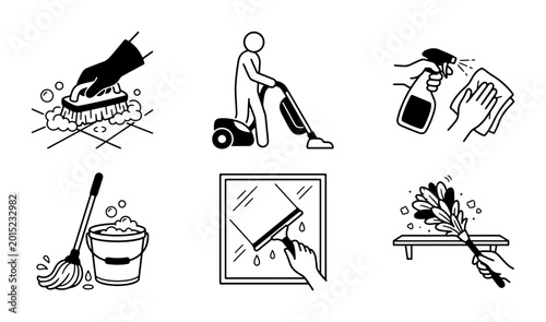 Photos Cleaning Service Icons: Vacuum, Mop, Spray, Duster, Scrubbing, Window Washing Ve