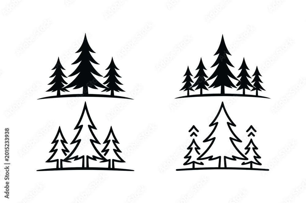 Obraz premium Pine Tree Forest Silhouette Collection Nature Woodland Vector Set