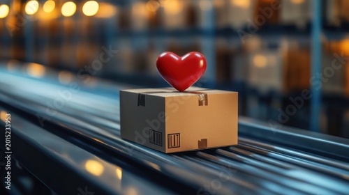 Cardboard parcel topped with a red heart on a conveyor belt in a warehouse conveying warmth and careful delivery