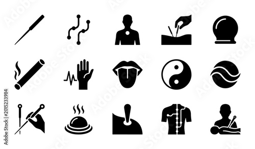 Acupuncture Icons Set: Traditional Chinese Medicine, Wellness, Health Symbols, Vector Graphics