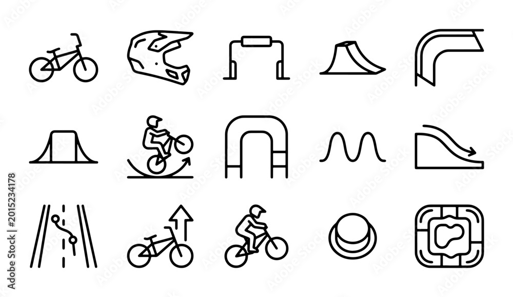 Fototapeta premium BMX Bike Park Elements Vector Icons, Extreme Sports Obstacles, Bicycle Freestyle Graphics