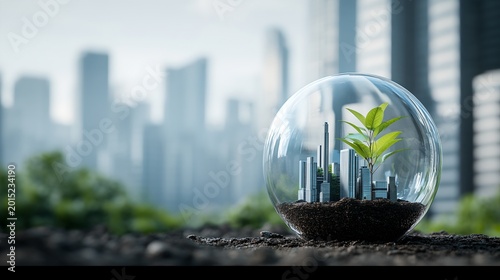 A conceptual image of a green plant growing inside of a glass sphere, representing environmental consciousness and sustainability with a city background
